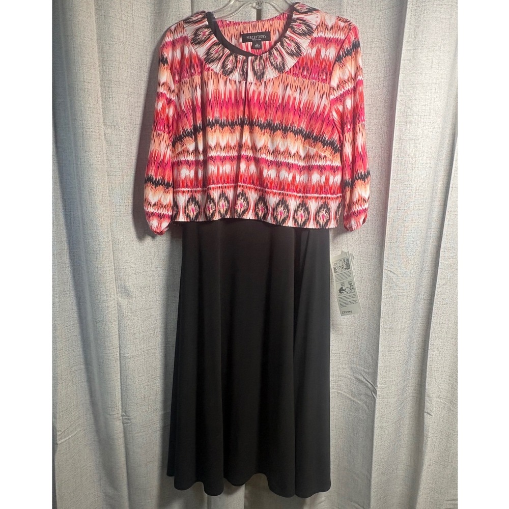 Perceptions New York Womens XL 2 Piece Dress & Jacket Set Pink Ikat Black Midi